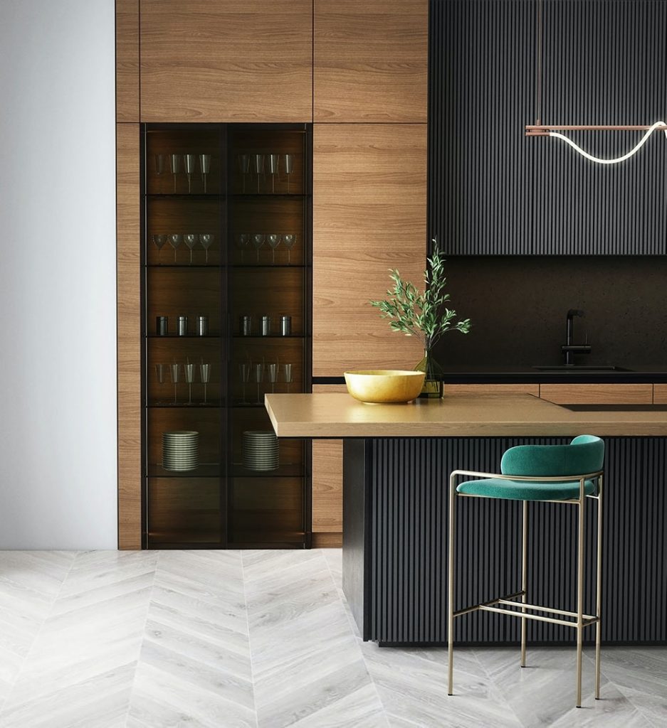Sophisticated Modern Kitchen with Wood & Matte Black Finish – ideal jewelry and loan Elegant kitchen featuring wood cabinetry, glassware display shelves, matte black accents, and a stylish bar stool with green velvet upholstery – ideal jewelry and loan