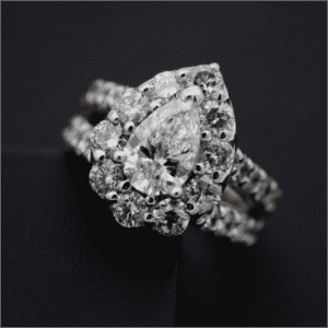 Luxury pear-cut diamond engagement ring at Ideal Jewelry and Loan pawn shop.