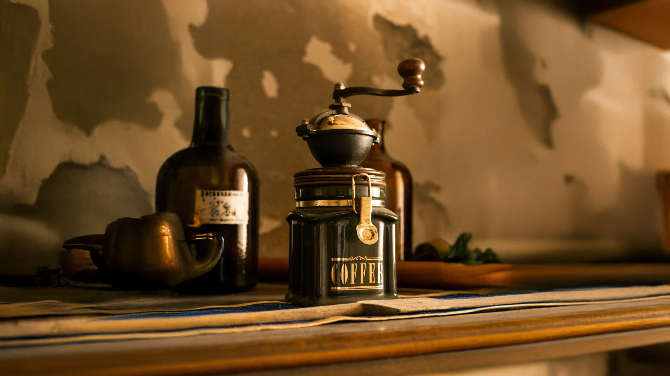 Antique manual coffee grinder with glass jar and vintage bottles on a rustic shelf