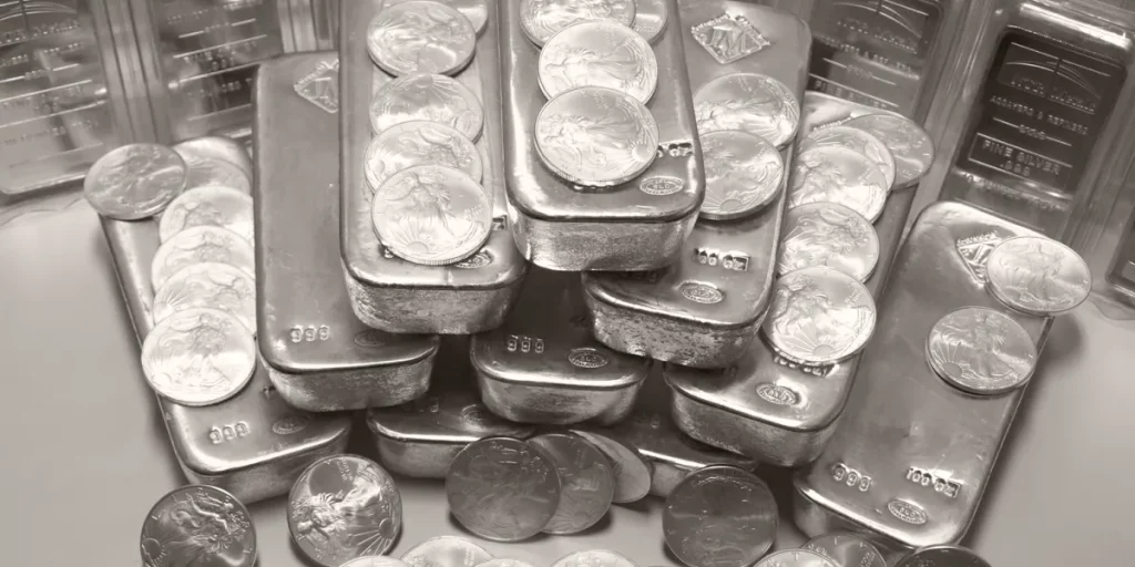 Silver bars and gold bullion stacked with dollar bills on a wooden table