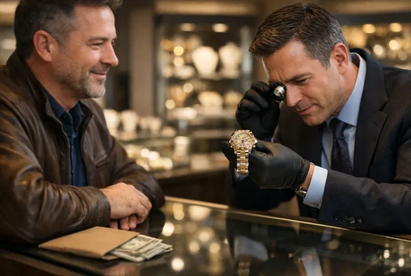 Man getting luxury watch appraised at pawn shop counter