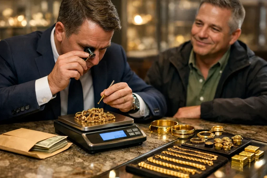 Gold buyer testing and weighing gold jewelry on scale while customer receives cash at ideal jewelry and loan