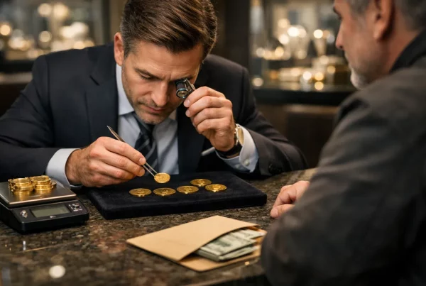 Jeweler inspecting gold coins during in-store appraisal with cash payout