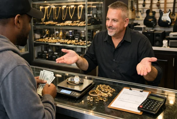 Customer deciding between selling or pawning gold jewelry at a Brockton pawn shop counter
