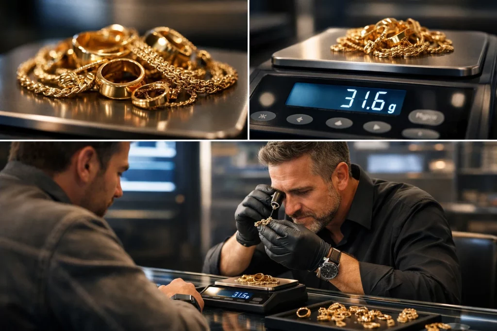 10K gold being weighed per gram at pawn shop for value estimation