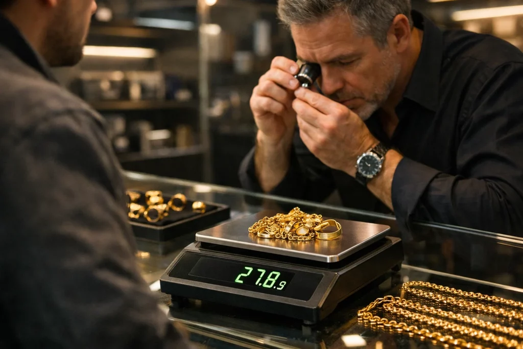 customer placing 10K gold on scale at pawn shop for price per gram check