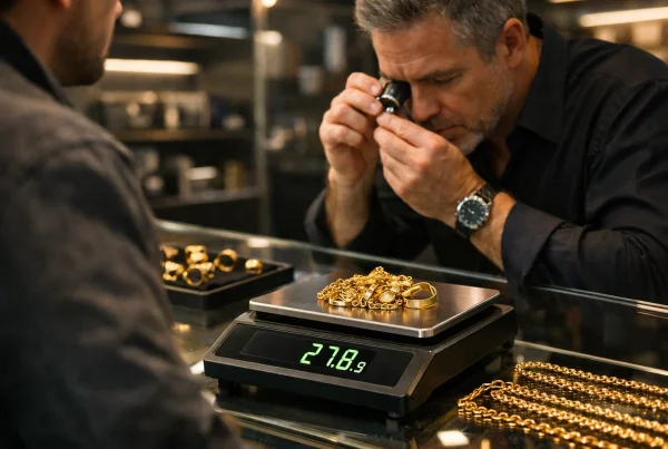 customer placing 10K gold on scale at pawn shop for price per gram check
