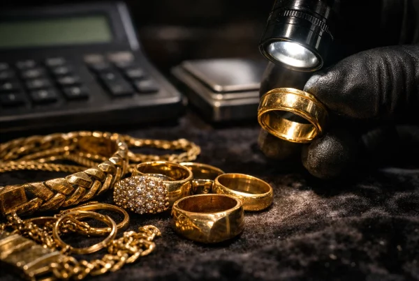 pawn shop inspecting 10K gold jewelry to calculate price per gram value