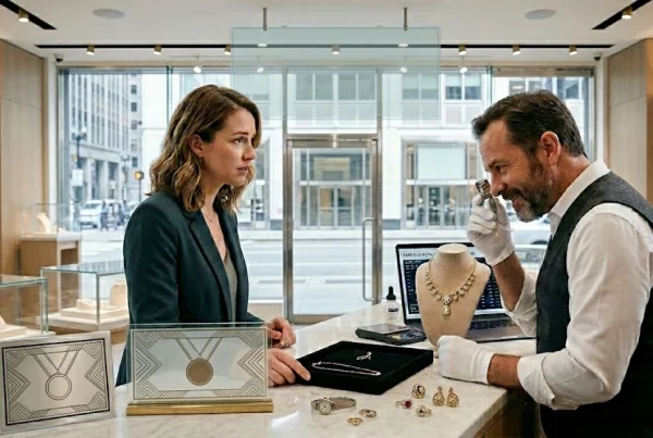 A modern, high-end jewelry store interior where a male appraiser in a grey vest and white gloves examines a gold necklace with a loupe. A woman in a dark blazer stands across the marble counter, watching the evaluation. Various gold jewelry pieces are displayed on the counter between them.