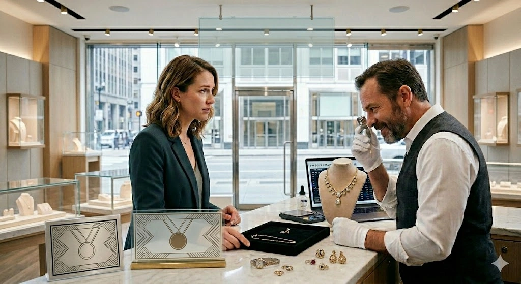 A modern, high-end jewelry store interior where a male appraiser in a grey vest and white gloves examines a gold necklace with a loupe. A woman in a dark blazer stands across the marble counter, watching the evaluation. Various gold jewelry pieces are displayed on the counter between them.