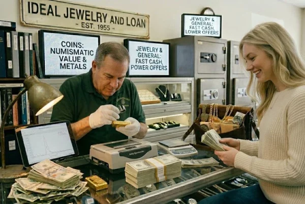 Woman placing gold jewelry on a counter for a jewelry loan at Ideal Jewelry and Loan in Brockton MA