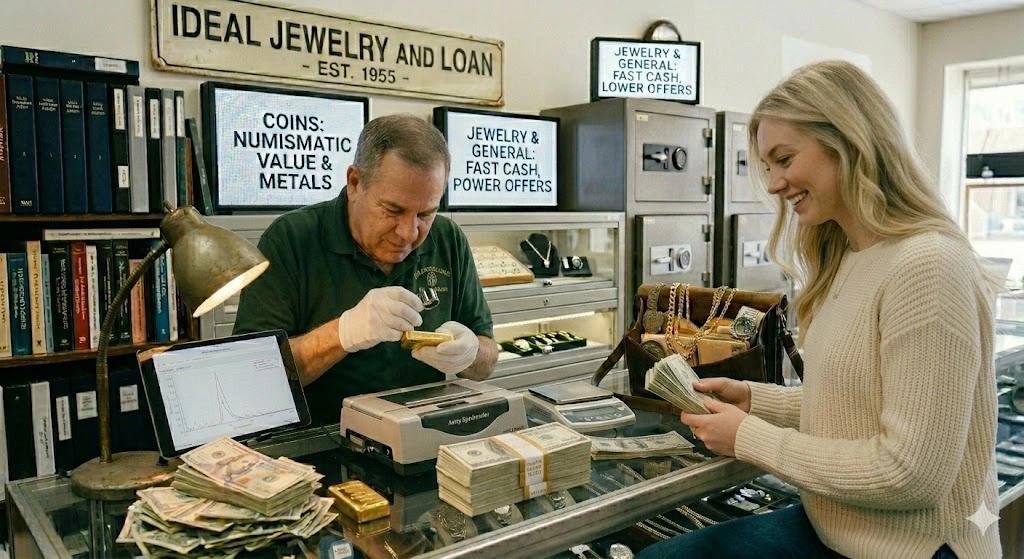 Woman placing gold jewelry on a counter for a jewelry loan at Ideal Jewelry and Loan in Brockton MA