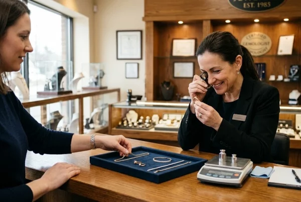 Person selling gold jewelry at a pawn shop counter in Brockton MA