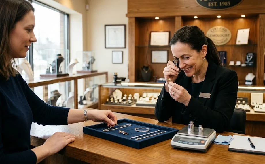 Person selling gold jewelry at a pawn shop counter in Brockton MA