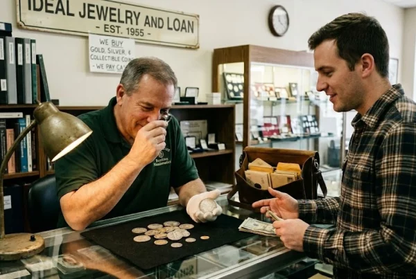 Person selling gold and silver coins at a pawn shop counter in Brockton MA