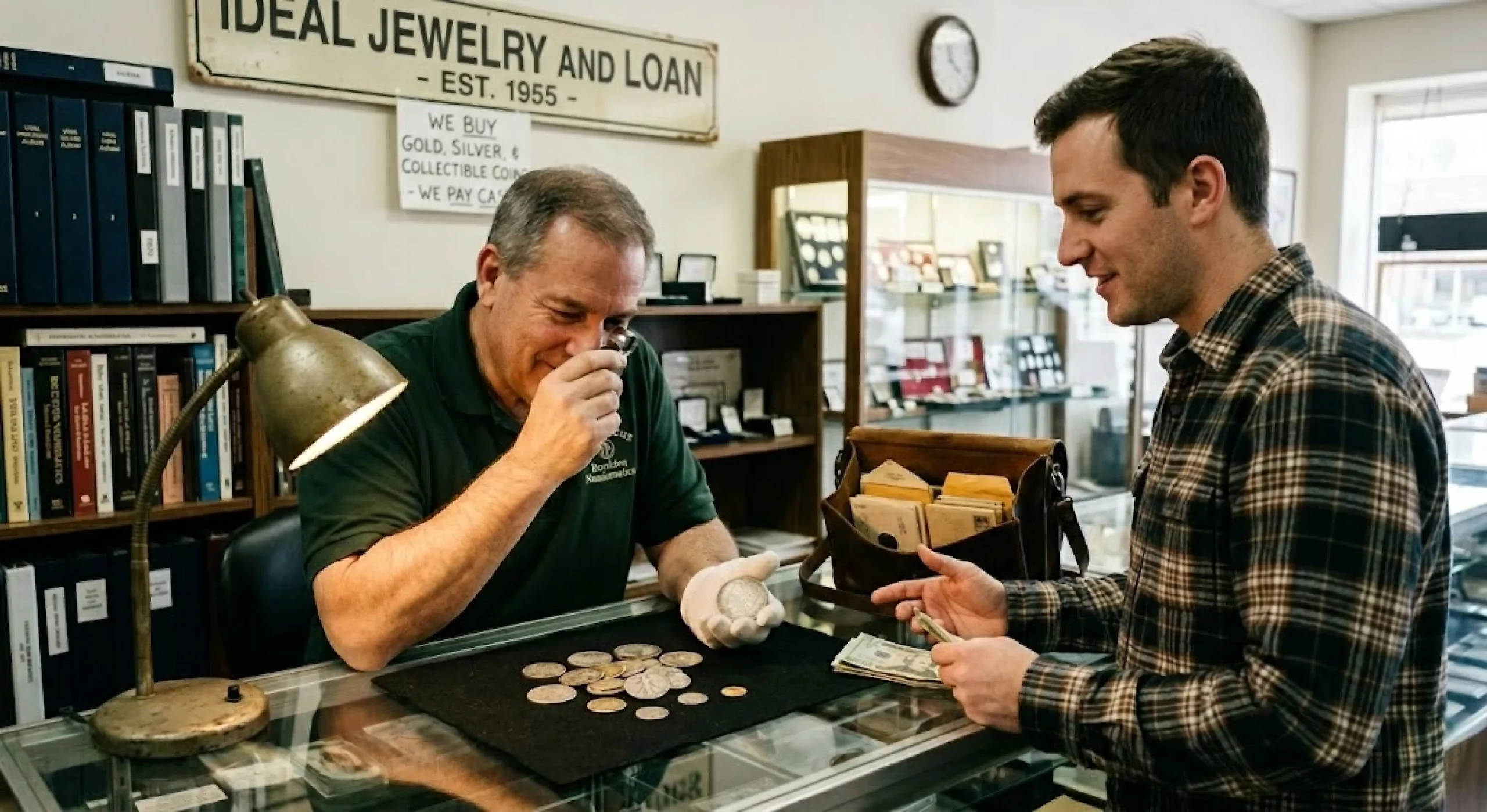 Person selling gold and silver coins at a pawn shop counter in Brockton MA