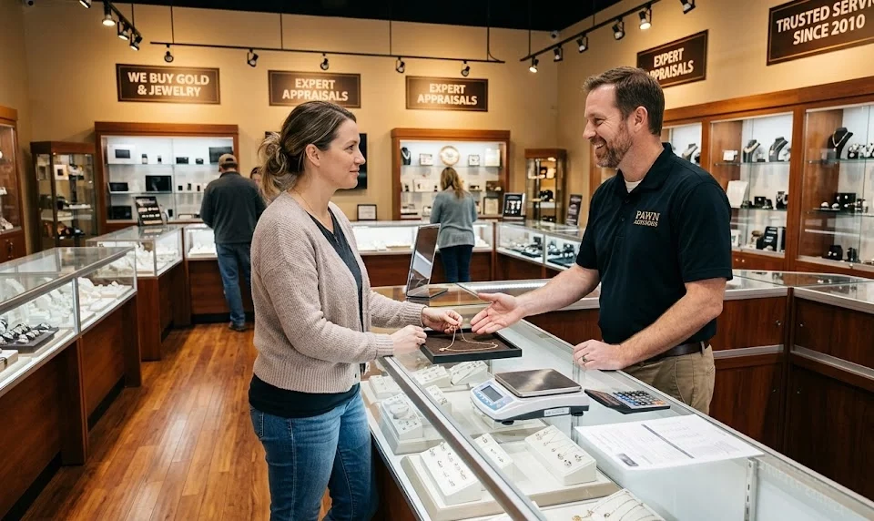 First time customer pawning gold jewelry safely at Ideal Jewelry and Loan in Brockton MA