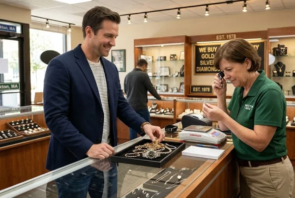 Customer getting top cash offer for gold jewelry at Ideal Jewelry and Loan pawn shop in Brockton MA