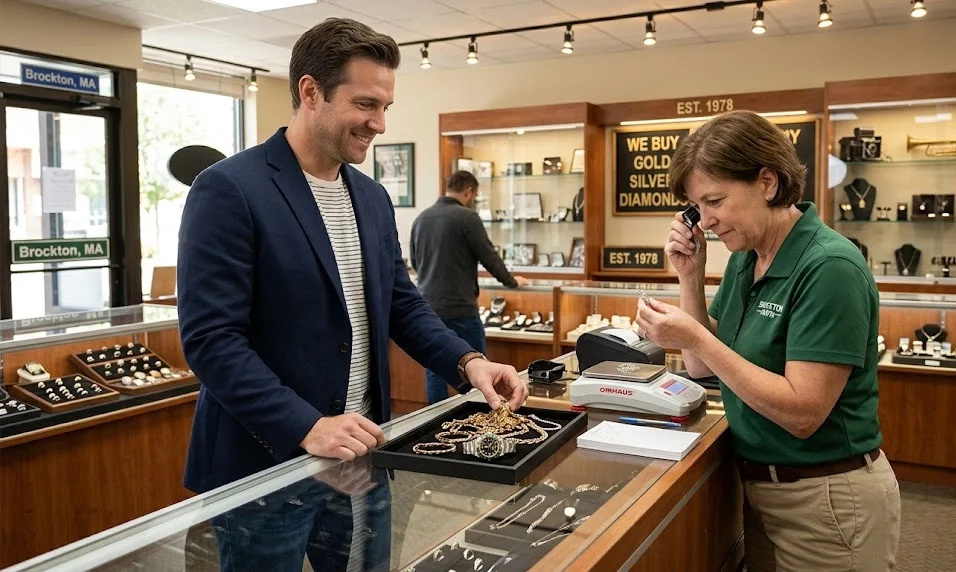 Customer getting top cash offer for gold jewelry at Ideal Jewelry and Loan pawn shop in Brockton MA