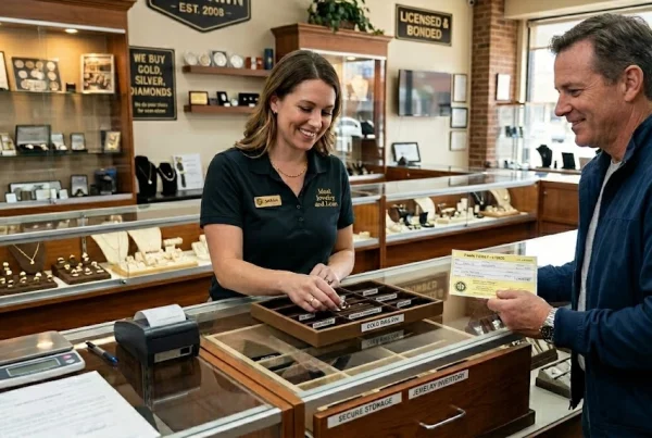 Pawn shop employee at Ideal Jewelry and Loan in Brockton MA safely storing a gold ring after a pawn loan is agreed