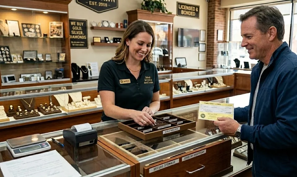 Pawn shop employee at Ideal Jewelry and Loan in Brockton MA safely storing a gold ring after a pawn loan is agreed