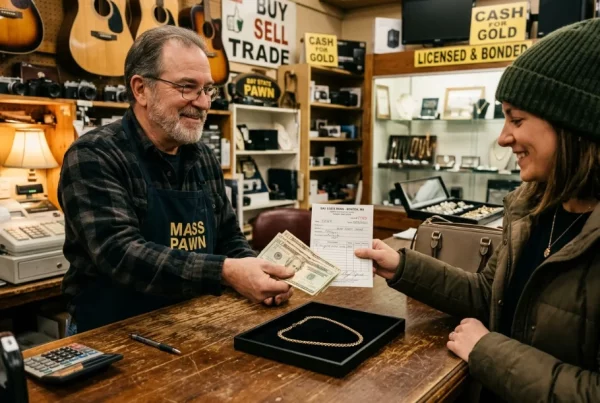 Pawnbroker handing a customer cash and a signed pawn ticket for a gold necklace loan