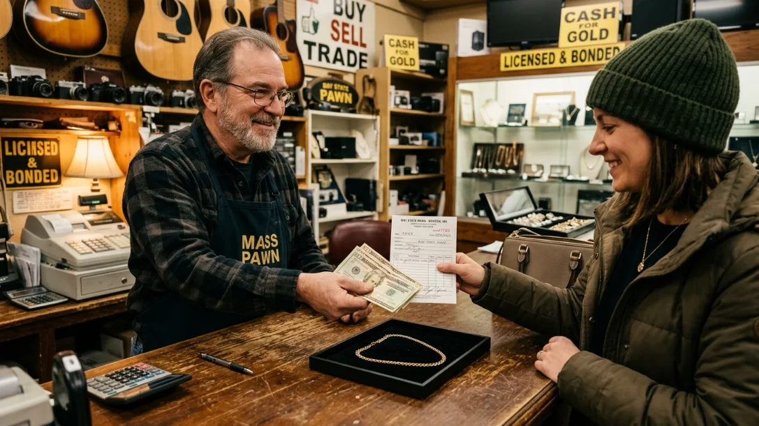 Pawnbroker handing a customer cash and a signed pawn ticket for a gold necklace loan