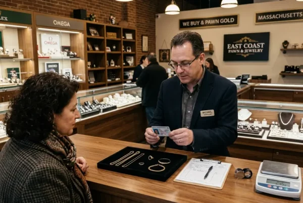 Pawn shop appraiser checking a customer's ID and gold jewelry at a Massachusetts pawnbroker counter before a safe transaction