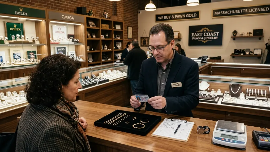 Pawn shop appraiser checking a customer's ID and gold jewelry at a Massachusetts pawnbroker counter before a safe transaction