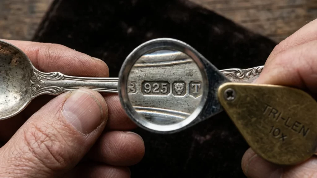 Macro view of a 925 sterling silver hallmark stamp on an antique spoon under a jeweler's loupe