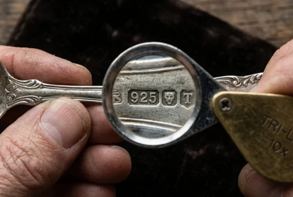 Macro view of a 925 sterling silver hallmark stamp on an antique spoon under a jeweler's loupe