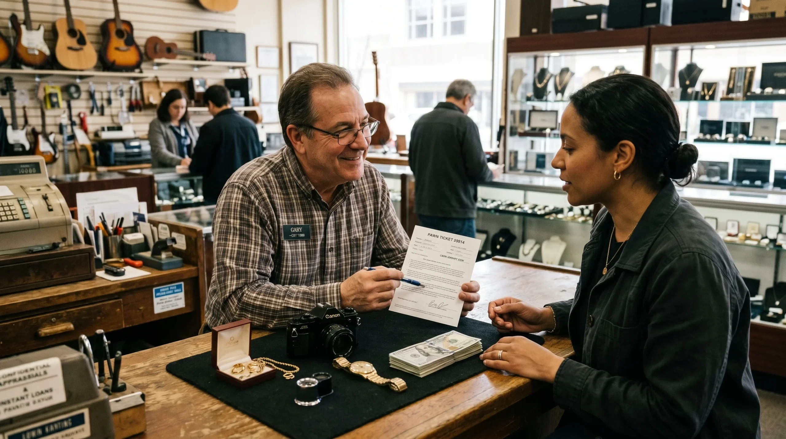 A man and a woman at a pawn shop in Brockton MA, discussing a gold sale and loan