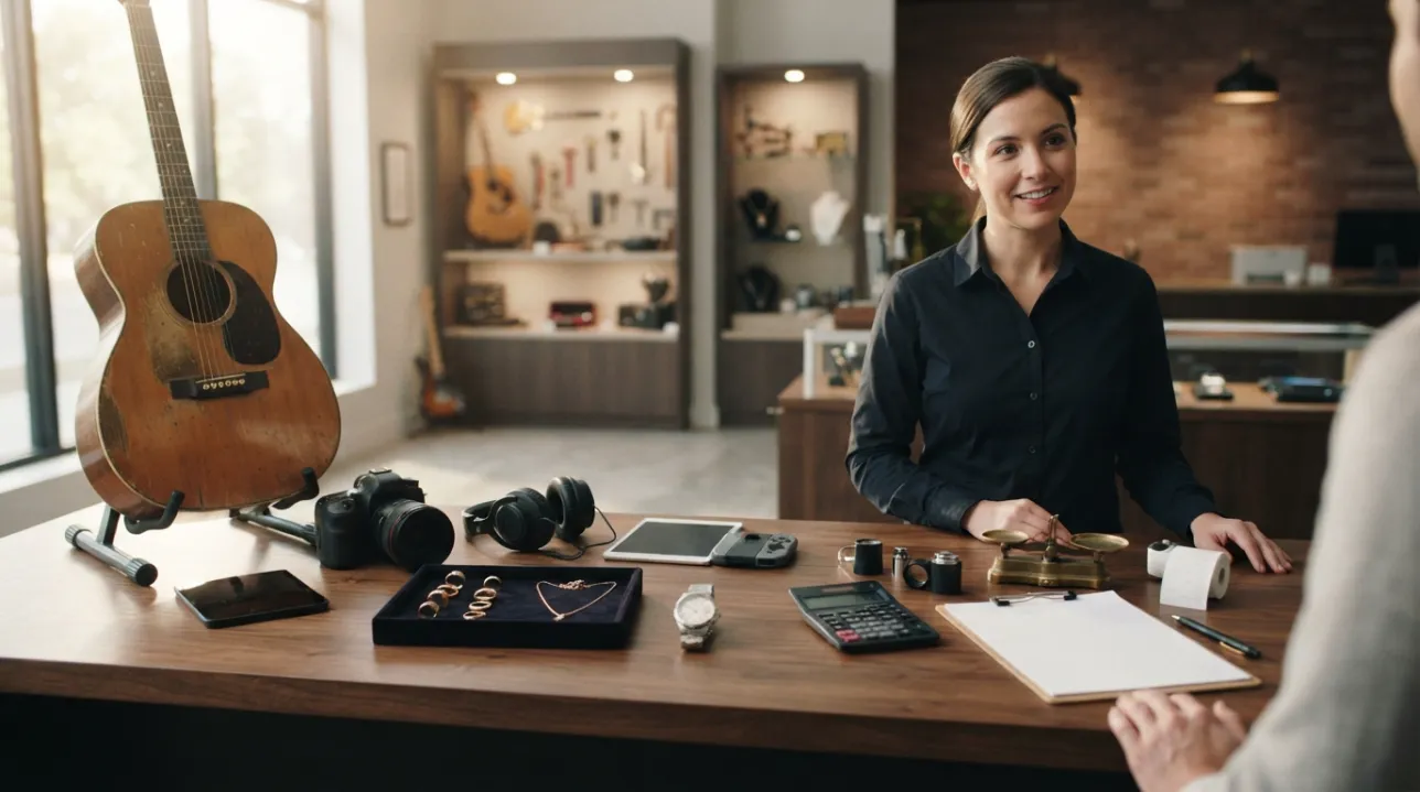 Pawn shop items and appraisal tools representing common pawn terms
