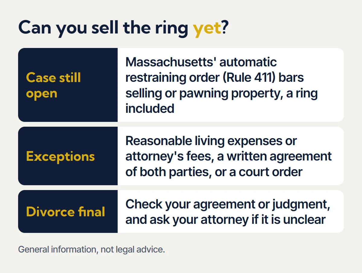 Can you sell the ring yet? While a Massachusetts divorce case is open, the automatic restraining order under Rule 411 bars selling or pawning property, a ring included. Exceptions include reasonable living expenses or attorney's fees, a written agreement of both parties, or a court order. Once the divorce is final, check your agreement or judgment and ask your attorney if it is unclear. General information, not legal advice