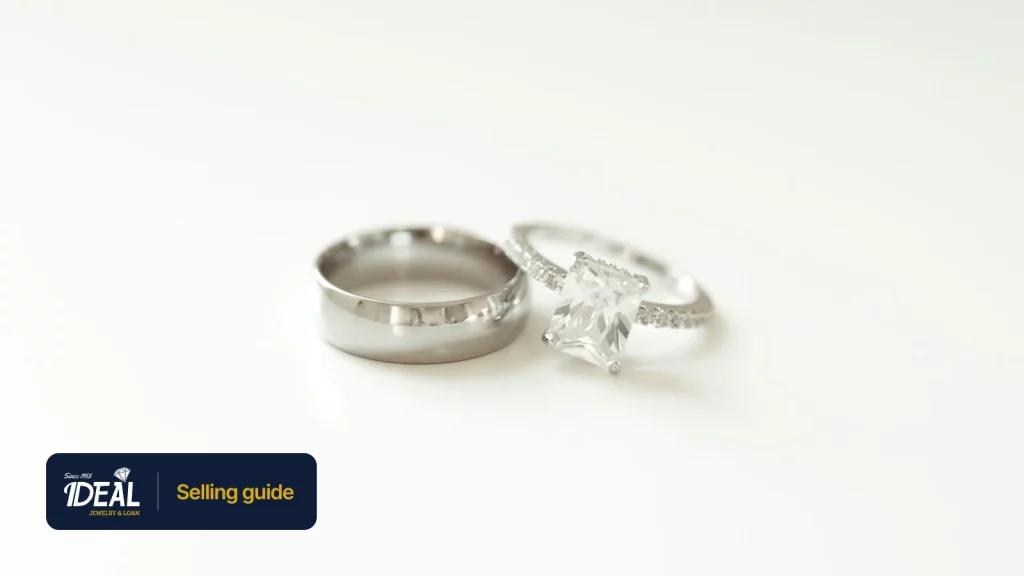 A plain wedding band beside a diamond engagement ring on a white surface